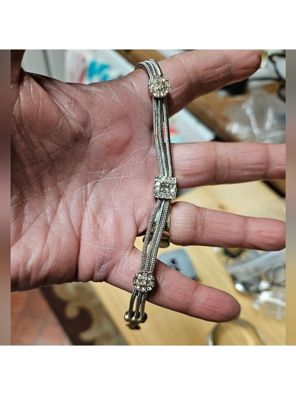 Vintage Dillard's Silver-tone 3-Strand Chain and Rhinestone Bracelet